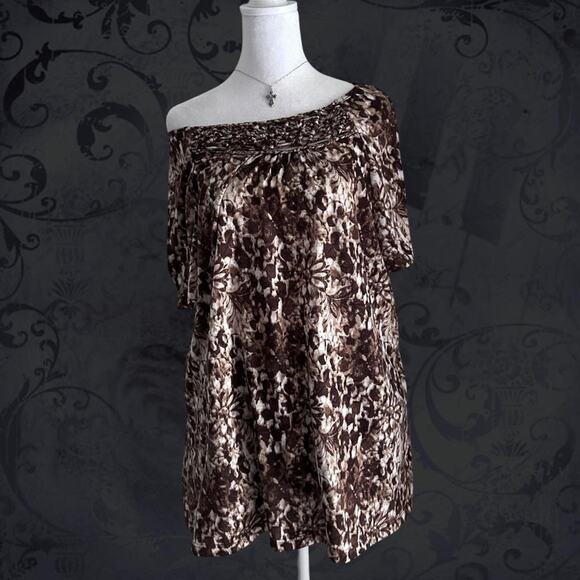 White Stag Tops - braided trim neck marbled brown & ivory abstract floral top
